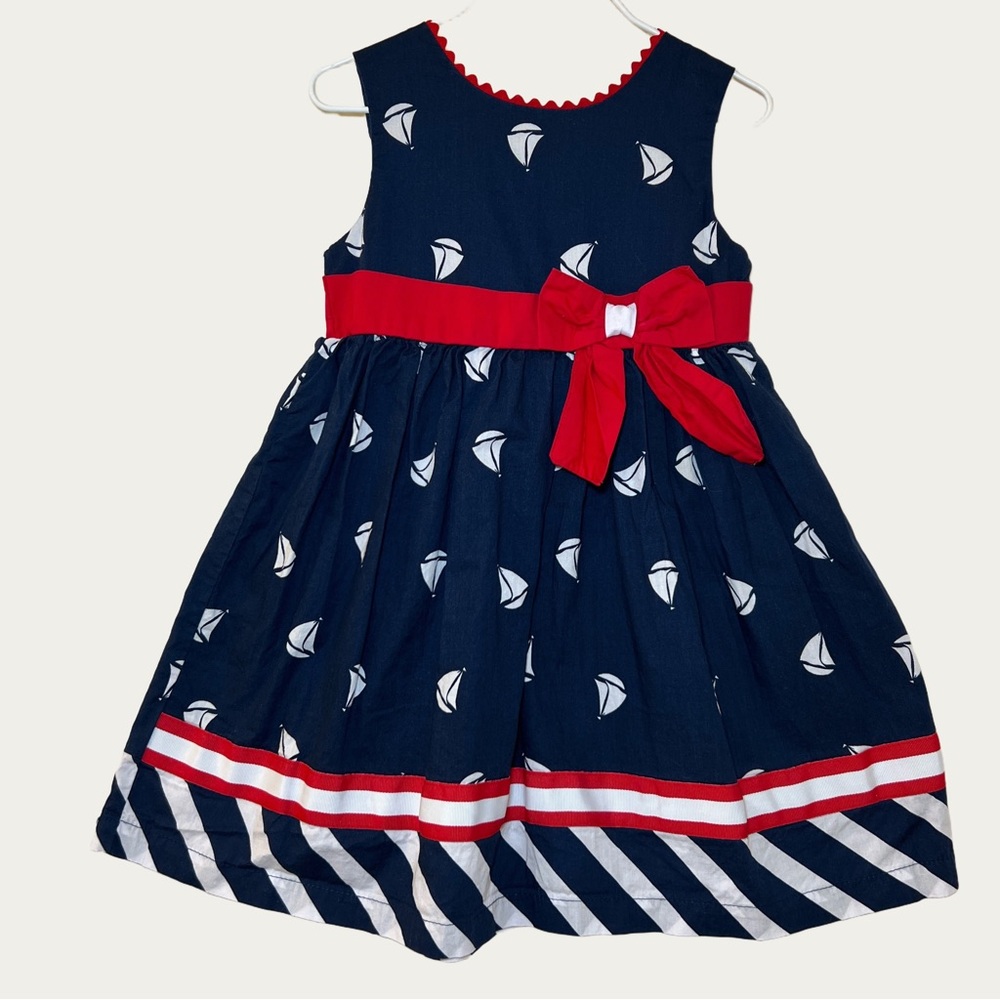 Blueberi Boulevard Navy‎ Red Sailboat Dress with Red Bow Girl’s 4T